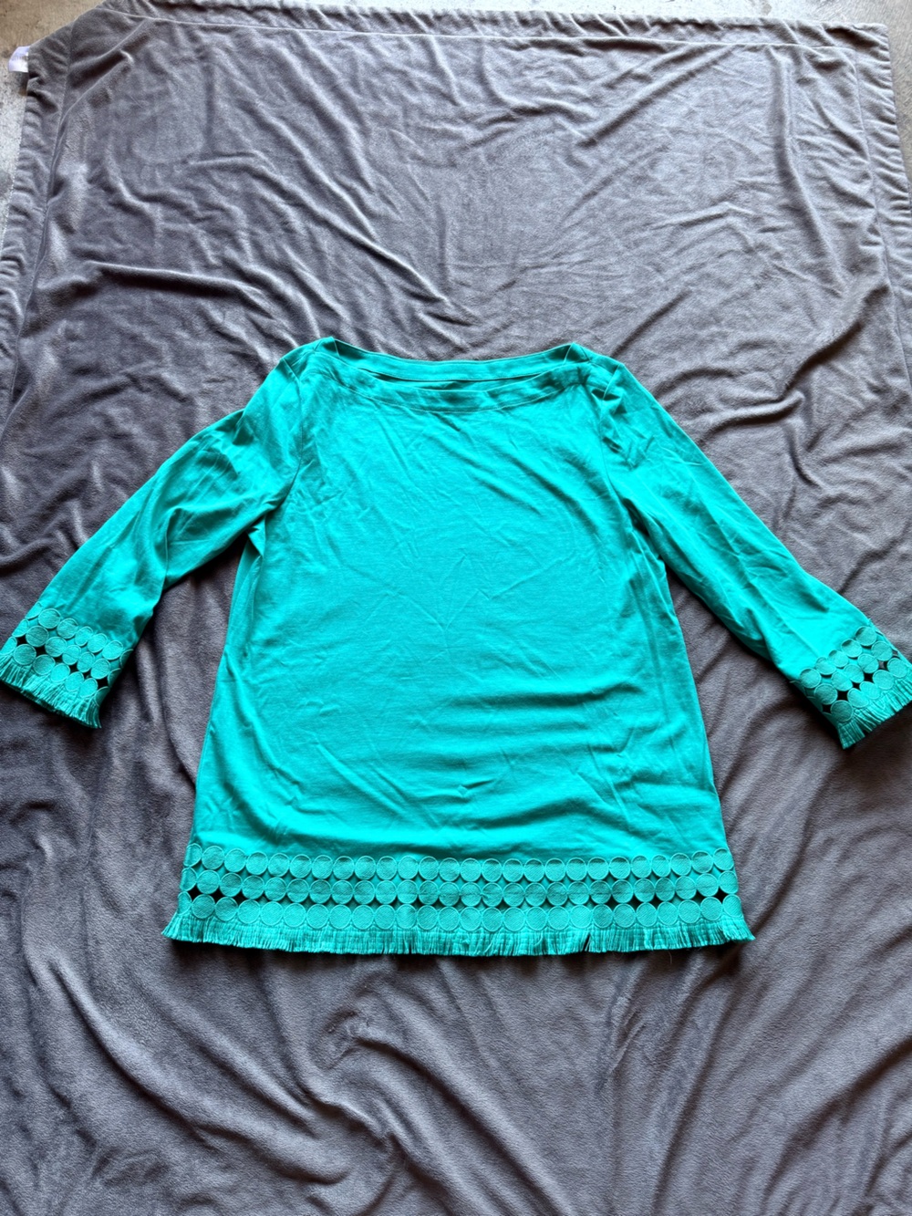 Talbots Teal Three-Quarter Sleeve Top with Crochet Trim